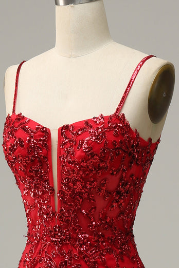 Havfrue spaghetti stropper røde paljetter Long Prom kjole med Split Front