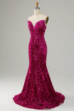 Fuchsia Sweetheart Neck paljett havfrue Prom kjole med feie tog