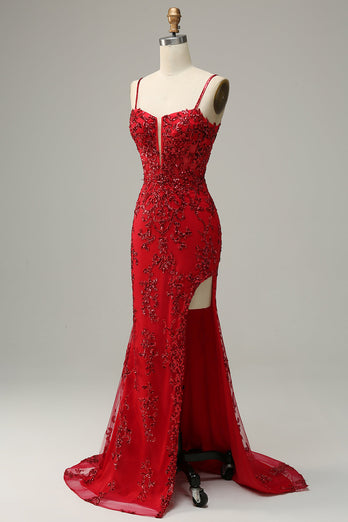 Havfrue spaghetti stropper røde paljetter Long Prom kjole med Split Front