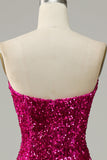 Fuchsia Sweetheart Neck paljett havfrue Prom kjole med feie tog