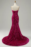 Fuchsia Sweetheart Neck paljett havfrue Prom kjole med feie tog