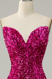 Fuchsia Sweetheart Neck paljett havfrue Prom kjole med feie tog