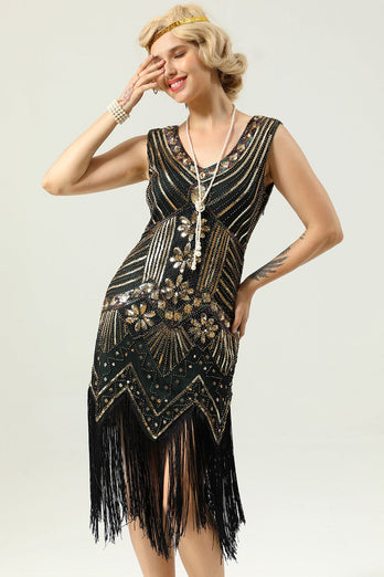 svart og gull paljett 1920-tallet kjole