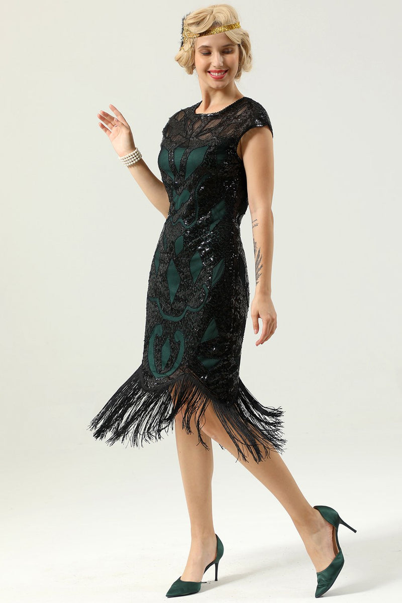 Load image into Gallery viewer, svart ermeløs paljett frynser 1920 kjole