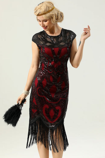 svart ermeløs paljett frynser 1920 kjole