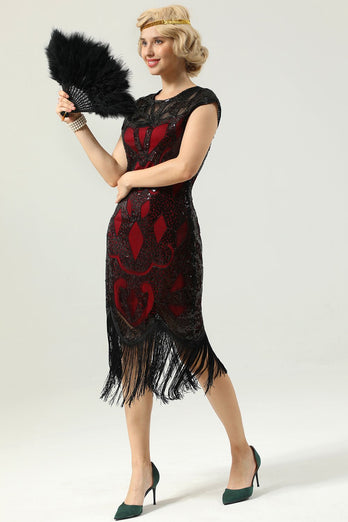 svart ermeløs paljett frynser 1920 kjole