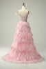 Load image into Gallery viewer, Prinsesse En linje av skulderen Svart rosa lang ballkjole med lagdelt blonder