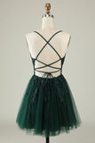 A Line Spaghetti Straps Dark Green Short Homecoming Dress med Appliques