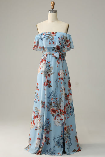 Mørk blå Floral Boho Chiffon Long brudepike kjole
