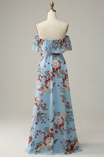 Mørk blå Floral Boho Chiffon Long brudepike kjole