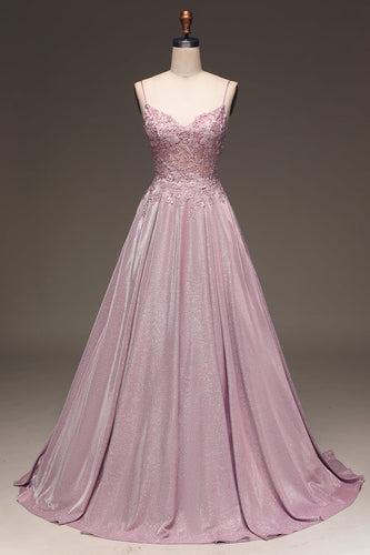 Glitter Spaghetti stropper Blush Prom kjole med perler