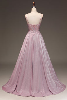 Glitter Spaghetti stropper Blush Prom kjole med perler
