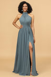Grey Grimer Ruched Long Chiffon brudepike kjole med spalte