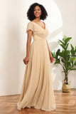 Champagne Cap Ermer Long Chiffon brudepike kjole