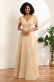 Champagne Cap Ermer Long Chiffon brudepike kjole