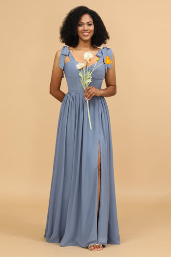 Grey Blue Spaghetti stropper Long Chiffon brudepike kjole med spalte