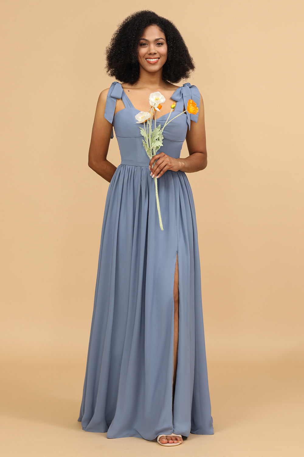 Grey Blue Spaghetti stropper Long Chiffon brudepike kjole med spalte