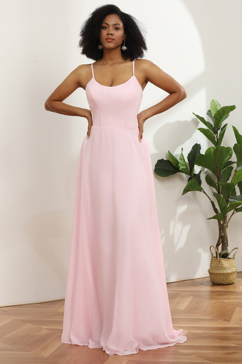 Load image into Gallery viewer, Spaghetti stropper Chiffon rosa brudepike kjole