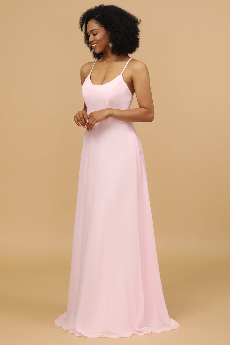 Load image into Gallery viewer, Spaghetti stropper Chiffon rosa brudepike kjole