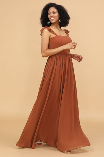 Terracotta Chiffon A-line gulv lengde brudepike kjole med volanger