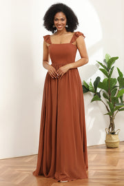 Terracotta Chiffon A-line gulv lengde brudepike kjole med volanger