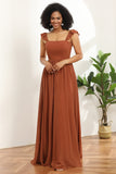 Terracotta Chiffon A-line gulv lengde brudepike kjole med volanger