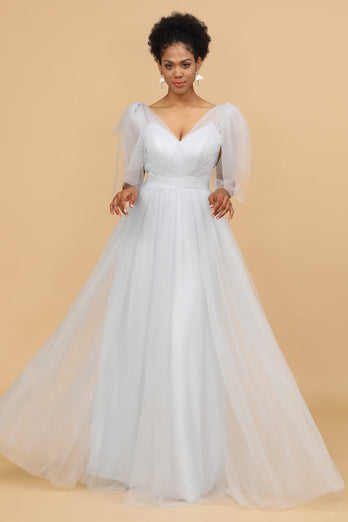 Grå Tyll V-Neck A-Line brudepike kjole