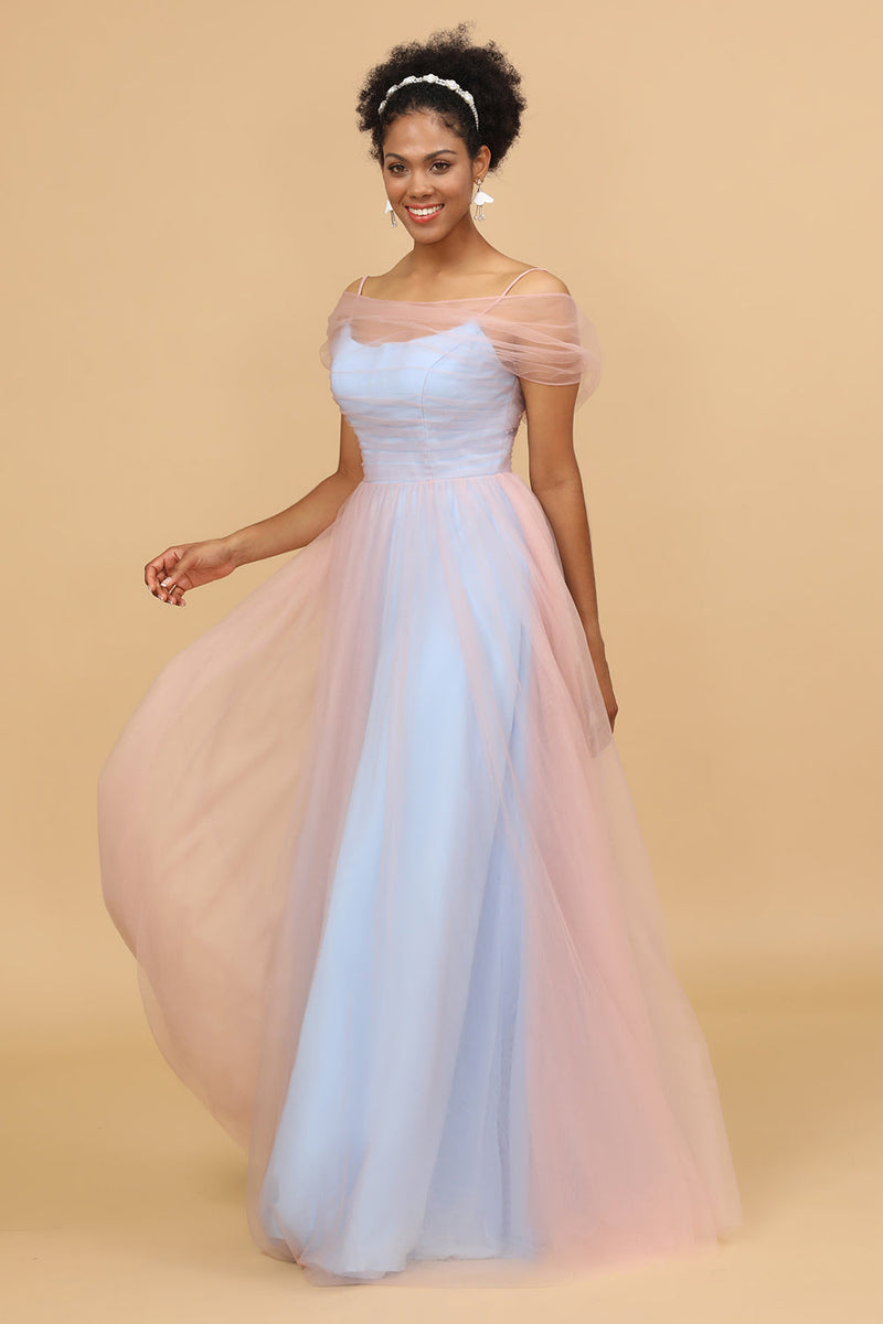 Load image into Gallery viewer, A Line Spaghetti stropper Pink &amp;Blue Tulle Long Brudepike Dress