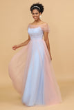 A Line Spaghetti stropper Pink &Blue Tulle Long Brudepike Dress