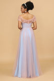 A Line Spaghetti stropper Pink &Blue Tulle Long Brudepike Dress