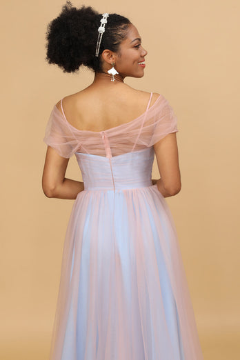 A Line Spaghetti stropper Pink &Blue Tulle Long Brudepike Dress