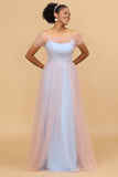 A Line Spaghetti stropper Pink &Blue Tulle Long Brudepike Dress