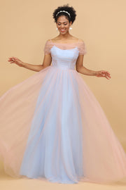 A Line Spaghetti stropper Pink &Blue Tulle Long Brudepike Dress