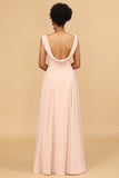 A Line V Neck Blush Chiffon Long Brudepike Kjole