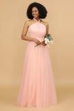 A Line Halter Blush Long Brudepike Kjole