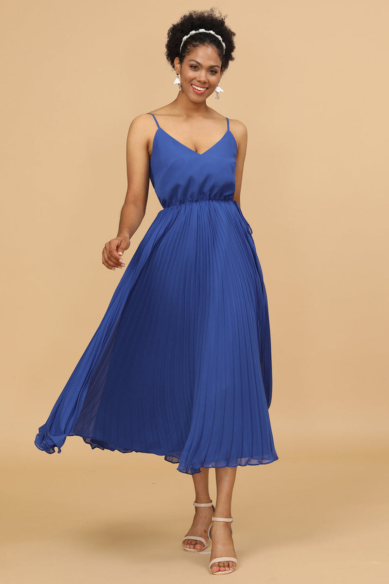 Load image into Gallery viewer, A Line Spaghetti stropper Royal Blue Tea Lengde Brudepike Dress