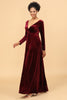 Load image into Gallery viewer, Sheath Burgund Deep V-hals lange ermer fløyel brudepike kjole