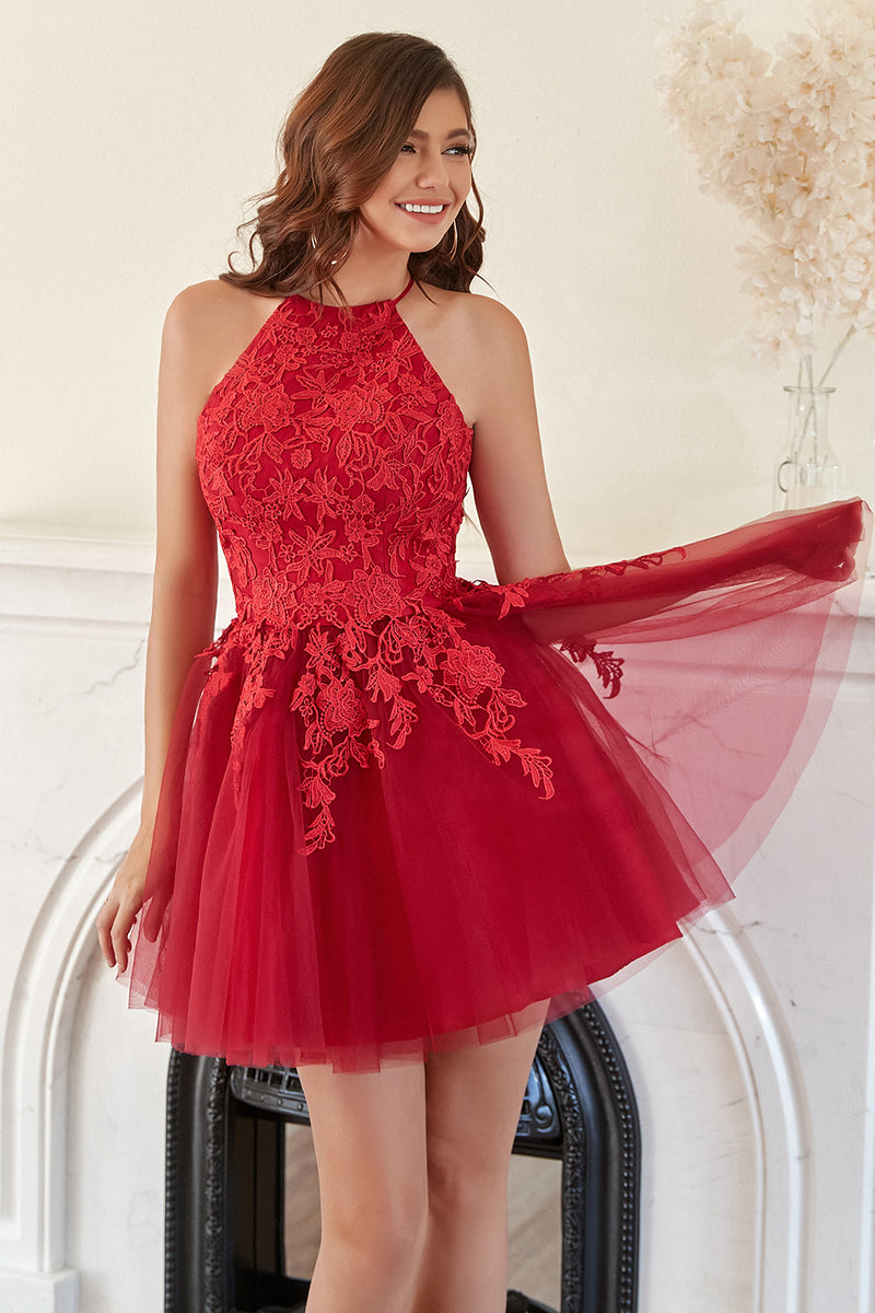 Load image into Gallery viewer, en linje grime rød kort hjemkomst kjole med appliques