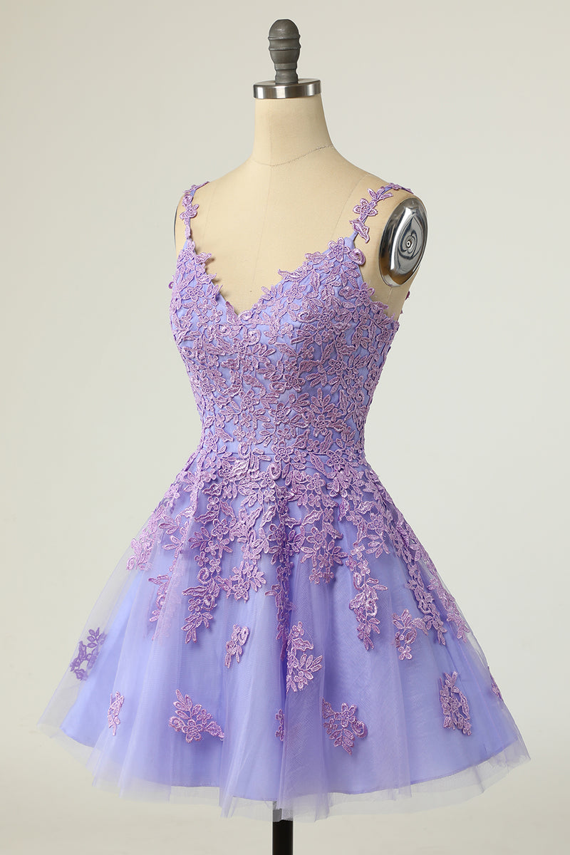 Load image into Gallery viewer, en linje spaghetti stropper lilla kort homecoming kjole