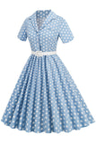 Hepburn Style V Neck Blue Polka Dots 1950-tallskjole