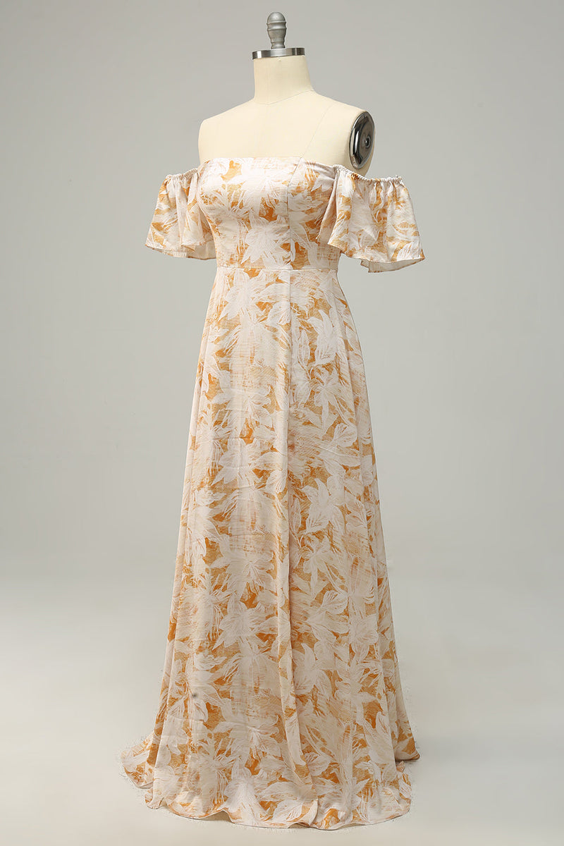 Load image into Gallery viewer, En linje av skulderen gul blomst trykt pluss størrelse brudepike kjole