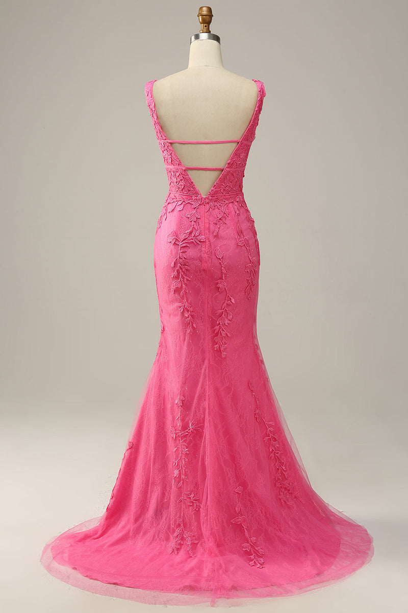 Load image into Gallery viewer, Havfrue Deep V Neck Hot Pink Long Prom kjole med åpen rygg