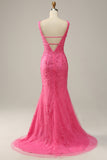 Havfrue Deep V Neck Hot Pink Long Prom kjole med åpen rygg