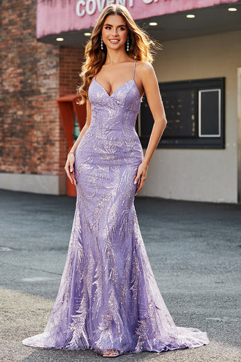 Lilac Sparkly Mermaid Long Prom Dress med perler