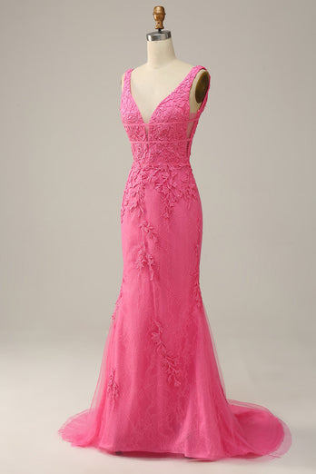 Havfrue Deep V Neck Hot Pink Long Prom kjole med åpen rygg