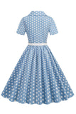 Hepburn Style V Neck Blue Polka Dots 1950-tallskjole