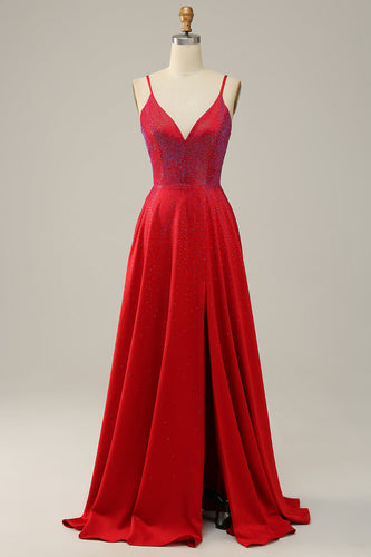 En linje rød spaghetti stropper Beaded Long Prom Dress