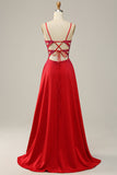 En linje rød spaghetti stropper Beaded Long Prom Dress