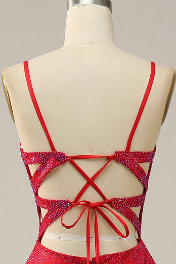 En linje rød spaghetti stropper Beaded Long Prom Dress