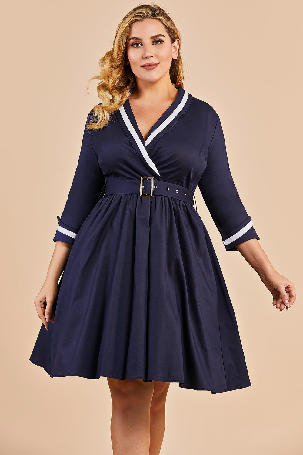 marineblå vintage pluss størrelse wrap kjole